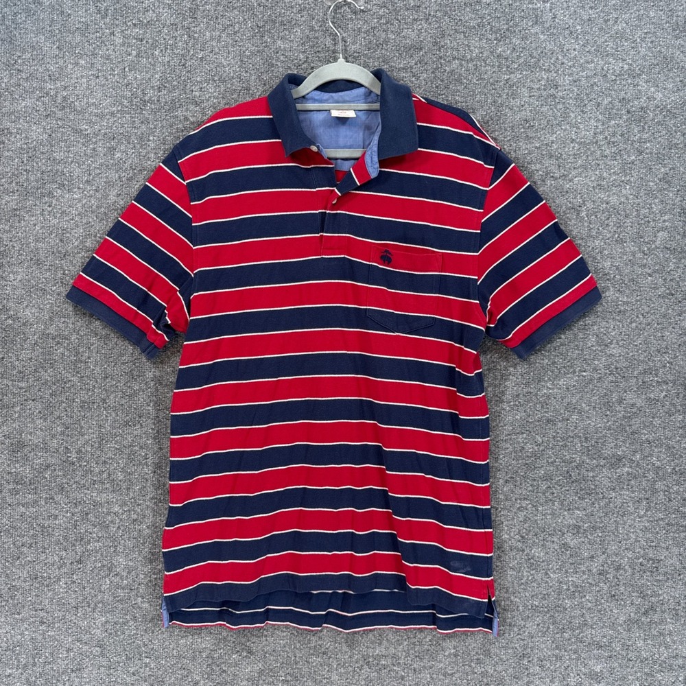 Brooks Brothers Polo Shirt Men Medium Red Blue Striped Pocket Pique Short Sleeve